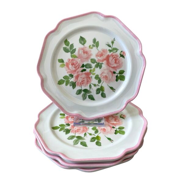 Laura Ashley Pink Rose Floral Melamine Salad Plates 8.5" Scalloped Set of 4 NEW - Picture 1 of 16